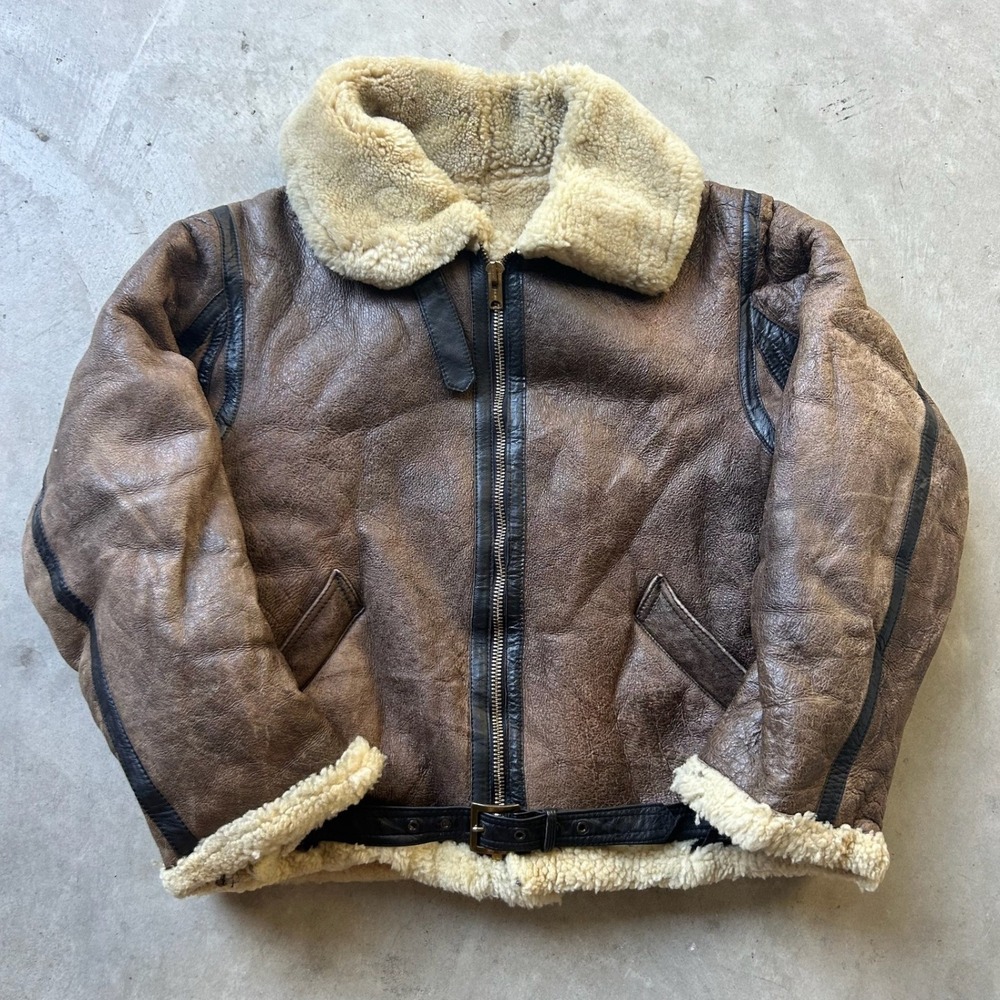 Vintage 60s Talon Zip Shearling Leather Flight Jacket Brown Bomber B-3 Style